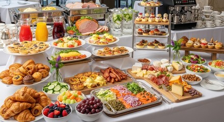 Fototapeta premium A lavish buffet spread is displayed on multiple tables, overflowing with a variety of breakfast and brunch foods. The buffet includes pastries, breads, fruits, meats, cheeses, salads, and beverages.