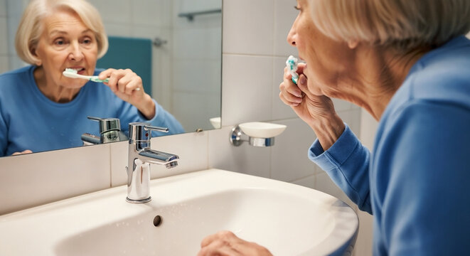 Senior woman performing oral care, brushing teeth in bathroom mirror. Daily routine maintains clean teeth, healthy gums for older adults. Effective oral care promotes wellness. Image for healthcare