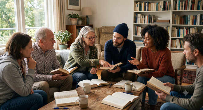 Diverse book club actively discussing chapter in cozy living room.