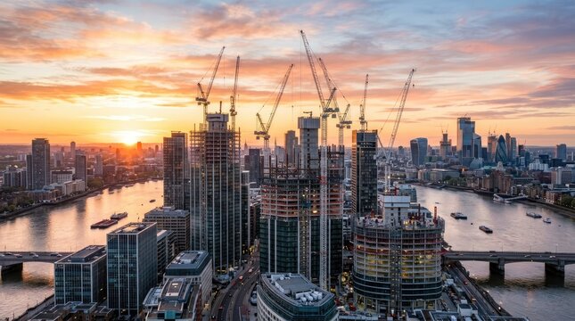 A stunning aerial view captures a vibrant London skyline at sunrise. Several construction cranes dominate the scene, rising from the midst of towering skyscrapers under construction.