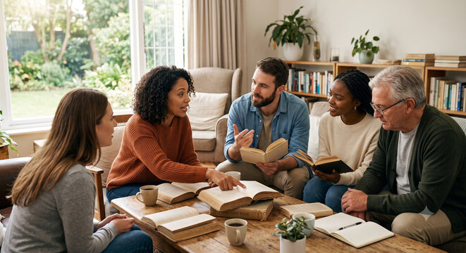 Diverse book club actively discussing chapter in cozy living room.