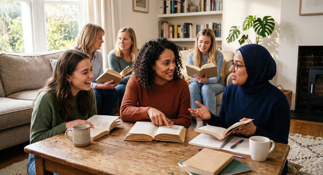 Diverse book club actively discussing chapter in cozy living room.