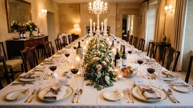 A long banquet table is set for a formal dinner in a grand room.