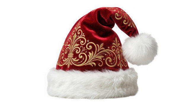 Elegant red velvet santa claus hat with gold embroidery isolated on transparent background