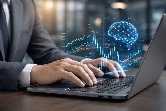 Close-up of business person hands using laptop with glowing holographic AI data interface and futuristic HUD overlay
