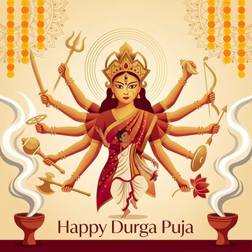 A multi armed goddess holding weapons and a dancer performing in front of incense burners for durga puja festival