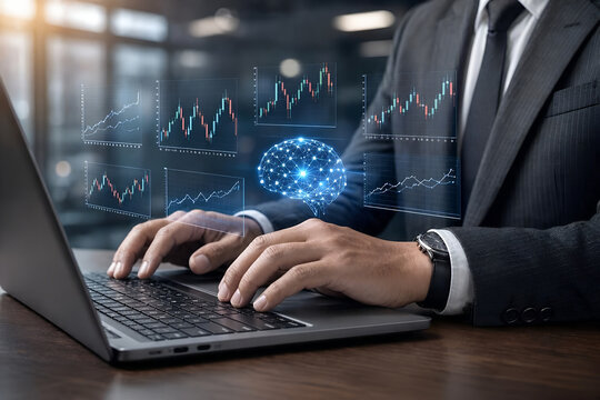 Close-up of business person hands using laptop with glowing holographic AI data interface and futuristic HUD overlay