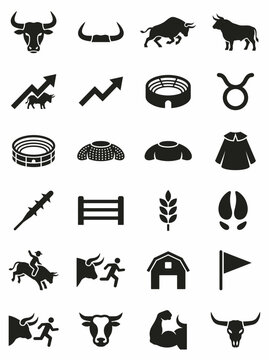 Bull Icons Set Stock Market Financial Trend Rodeo And Bullfighting Vector Collection