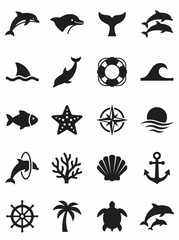 Fototapeta premium Marine Life and Nautical Vector Icons Set Featuring Ocean Animals Sea Shell Anchor and Dolphins