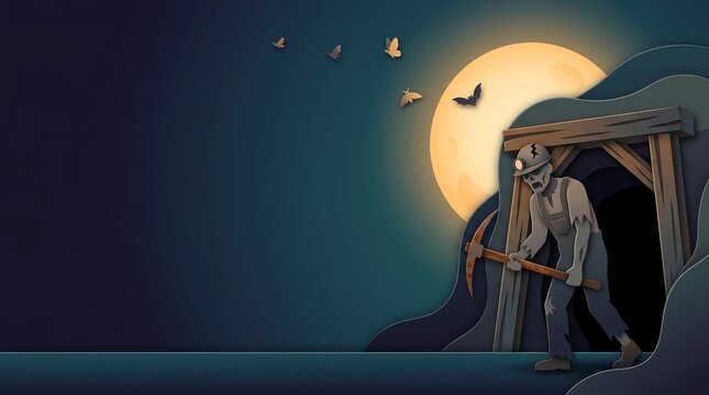 Halloween zombie miner paper art. Spooky night scene with full moon and bats. Layered