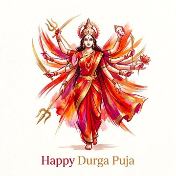 Illustration of a multi armed female deity in a red saree celebrating the durga puja festival with armed goddess holding
