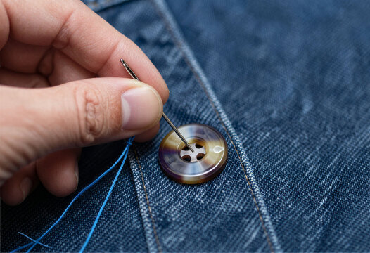 Hand sewing a button onto a piece of denim fabric, needle and thread macro