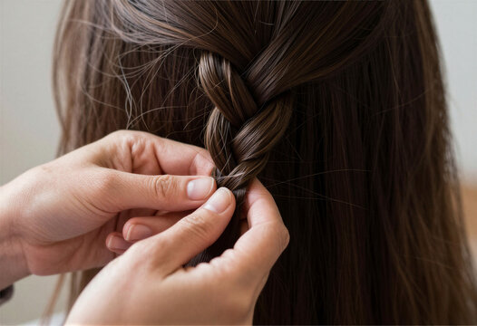 Hands braiding a long strand of dark hair, macro, hairstyling