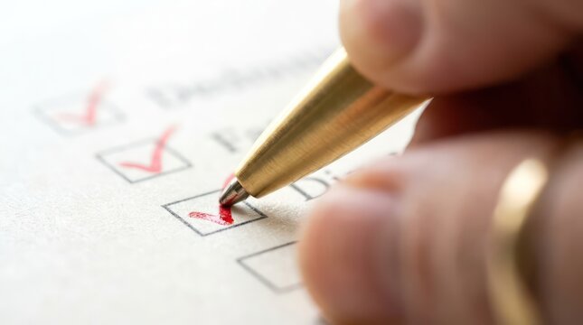 Close up of hand with gold pen marking red checkmark on paper form