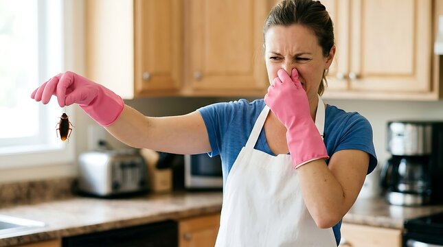 Woman holding a cockroach with a disgusted expression in a kitchen setting