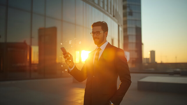 Urban Executive's Digital Horizon: A dapper businessman in a sharp suit and tie stands confidently outside a modern glass skyscraper, illuminated by the golden rays of a setting sun.