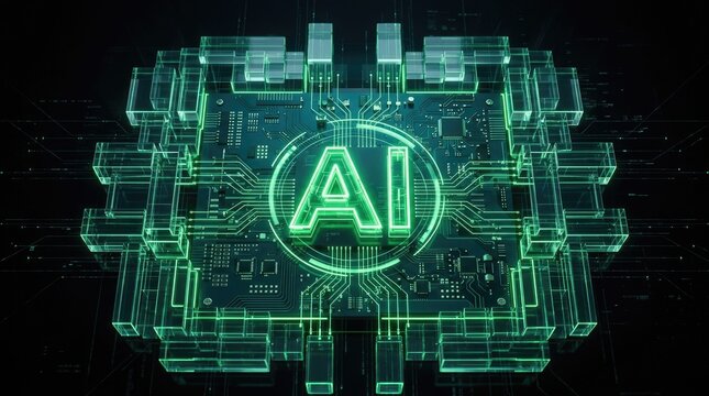 A futuristic digital graphic showcases Artificial Intelligence. A complex circuit board, overlaid with a green neon glow, forms the central element.