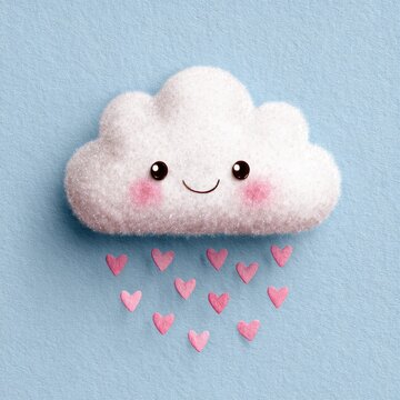 kawaii rain cloud with pink heart raindrops, gentle smile