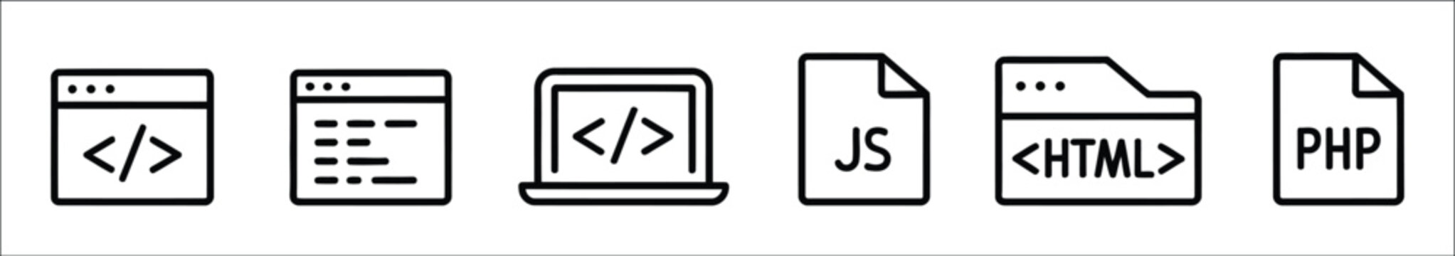 Web development software programming code browser window, laptop document file symbol icon, coding technology and digital interface vector illustration