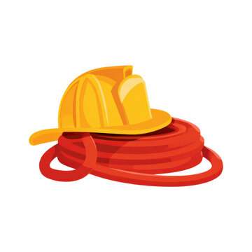 Firefighter hat and hose in clip art style on a white background