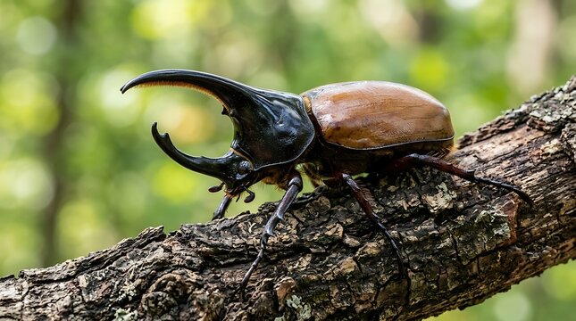 Rhinoceros beetle crawls along a textured tree branch in natural light