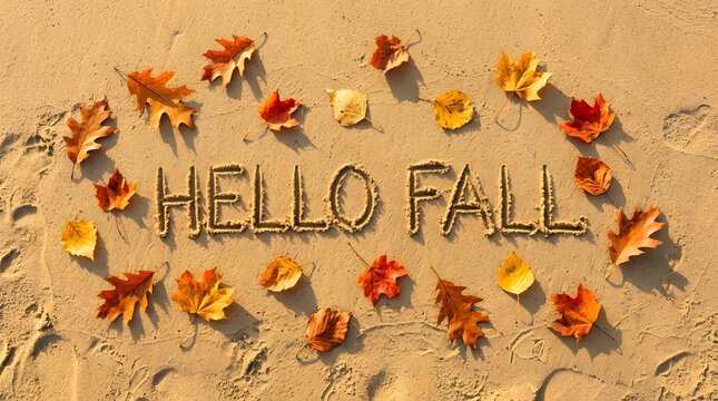 The words hello fall written in the sand on a beach, surrounded by a collection of colorful autumn leaves