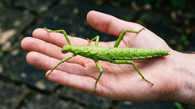 A green stick insect rests upon a human hand in natural light