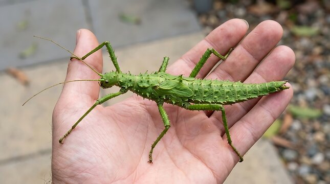 A green stick insect rests on a human palm detailed close up