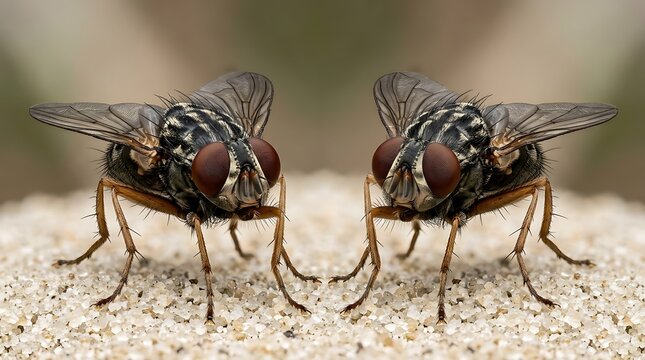 Two common house flies rest on grainy sand detailed macro photography