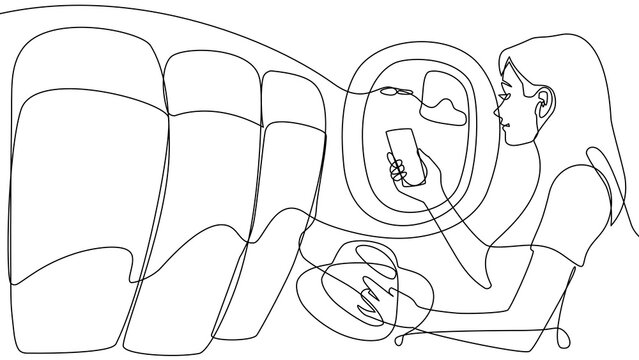 A minimalist, elegant one-line drawing of an airplane window scene