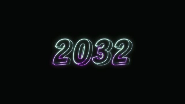 2032 New Year Text Neon Seamless Loop 4K Glowing Typography Animation for VFX and Video Editing