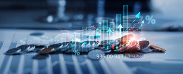 Naklejka na ściany i meble Finance and business growth, Coin, financial graph profit chart, World economic growth trend and positive market progress, Financial risk management, Interest and inflation.