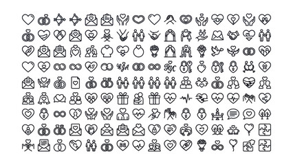 Fototapeta premium Collection of minimalist line icons featuring hearts hands people symbols and various love relationship lifestyle concepts