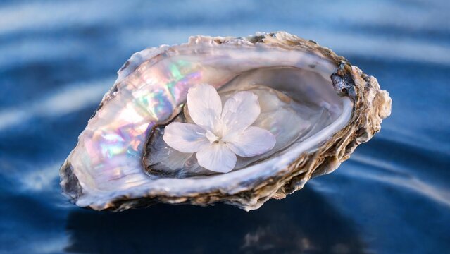 Pearl white flower growing inside iridescent oyster shell macro