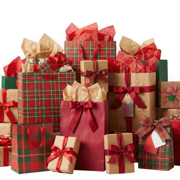 Collection of christmas gift bags and wrapped presents with red ribbons isolated on transparent background