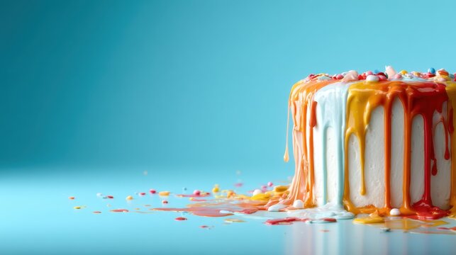 A vibrant cake with drippings of colored icing stands out against a soft blue background, embodying sweetness and celebration while evoking feelings of joy and festivity.