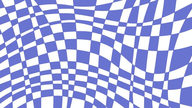 Retro Blue Distorted Checkered Pattern Background Wavy Purple White Grid Squares Illustration Groovy 70s Trippy Optical Illusion for Y2K Fashion Poster Banner Social Media Cover Art

