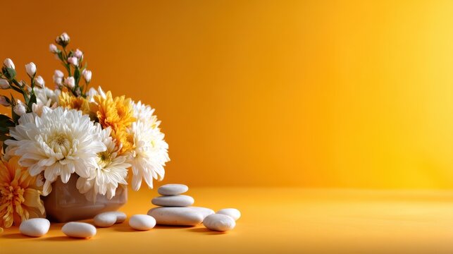 A beautiful display of white and yellow flowers complemented by smooth white stones, creating a serene and cheerful atmosphere perfect for any decor or celebration.