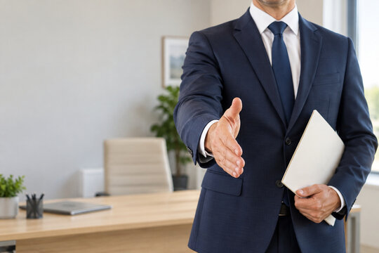 Businessman offering a handshake in a modern office with copy space