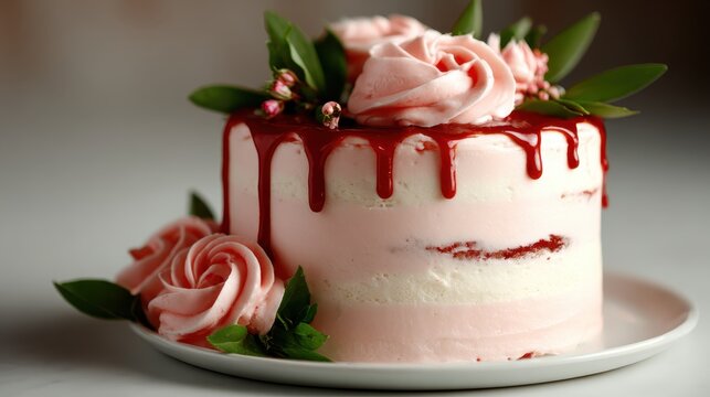A beautifully decorated pink cake adorned with roses and syrup, ready for a special celebration. This image captures the joy of desserts and the sweetness of moments shared.