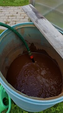 Garden water barrel filling with hose beside greenhouse and paved yard outdoors