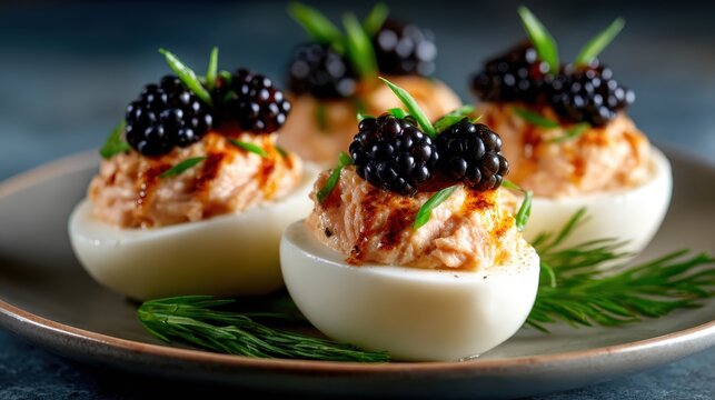 These gourmet deviled eggs are artfully topped with fresh blackberries and garnished with herbs, showcasing a creative twist on a classic appetizer for any occasion.