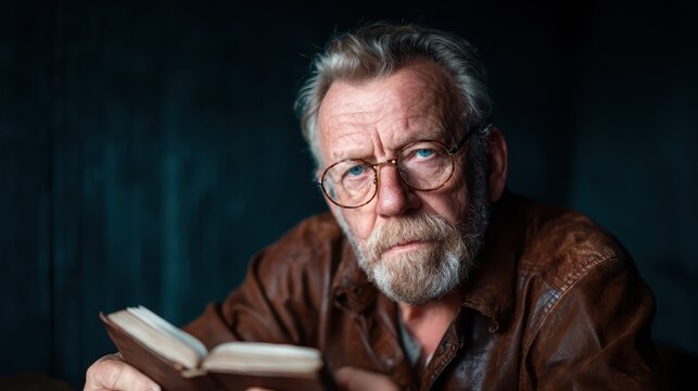 A wise older man with a beard and glasses, deeply engrossed in a book, captured in a beautifully lit space that enhances the richness of his character and contemplative mood.