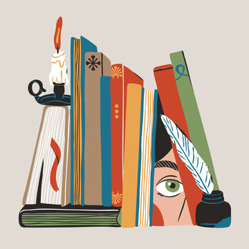 Stack of books, book pile. Vintage candle, eye looking through. Bookstore, library, cozy, leisure reading concept. Detective, mystery, thriller literature. Hand drawn trendy Vector illustration