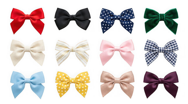 Set of twelve colorful hair bows with different patterns and textures isolated on transparent background