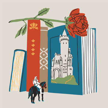 Stack of books. Red rose lying on books. Medieval castle, knight on a horse. Bookstore, library, cozy, leisure reading concept. Adventure, romance literature. Hand drawn trendy Vector illustration