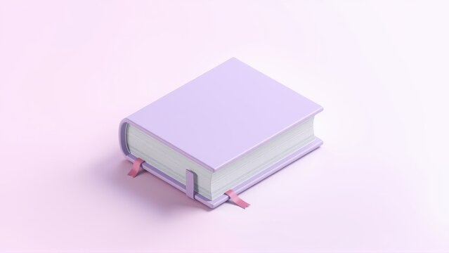 Lilac book rests upon soft pink surface. Minimalist design, simple geometry, clean aesthetic. Pages visible, tied ribbon detail.