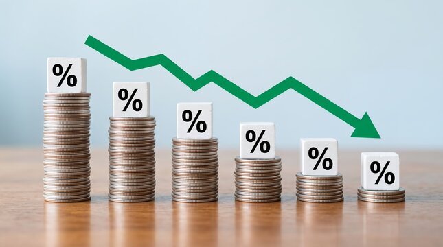 Stacks of coins topped with cubes marked with percentage signs depict a downward trending green arrow symbolizing financial decline inflation interest finance economy money growth decrease
