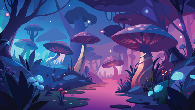 Enchanted forest with glowing mushrooms during twilight with mystical atmosphere vector illustration
