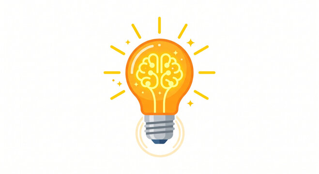 Glowing lightbulb with brain vector illustration on white background